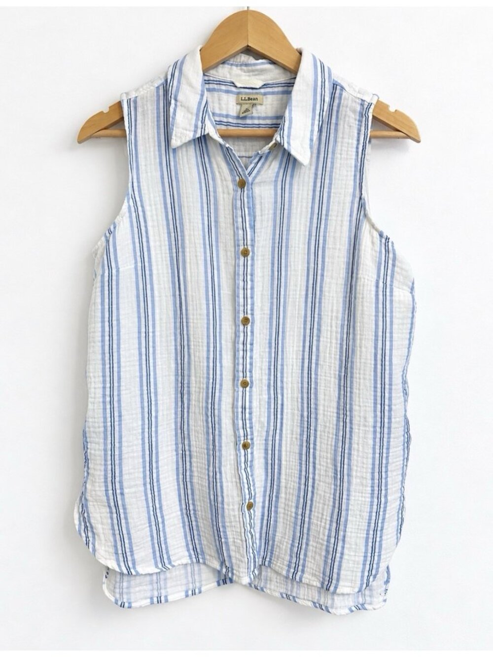 L.L.Bean Sleeveless Button Down Cotton Gauze Coastal Preppy Blue Stripe M